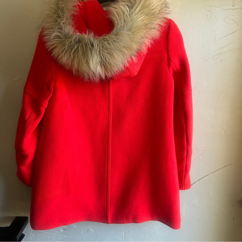 J. Crew Stadium Cloth Red Wool Coat w/ Faux Fur Hood Statement Winter Parka 2P - Picture 6 of 16